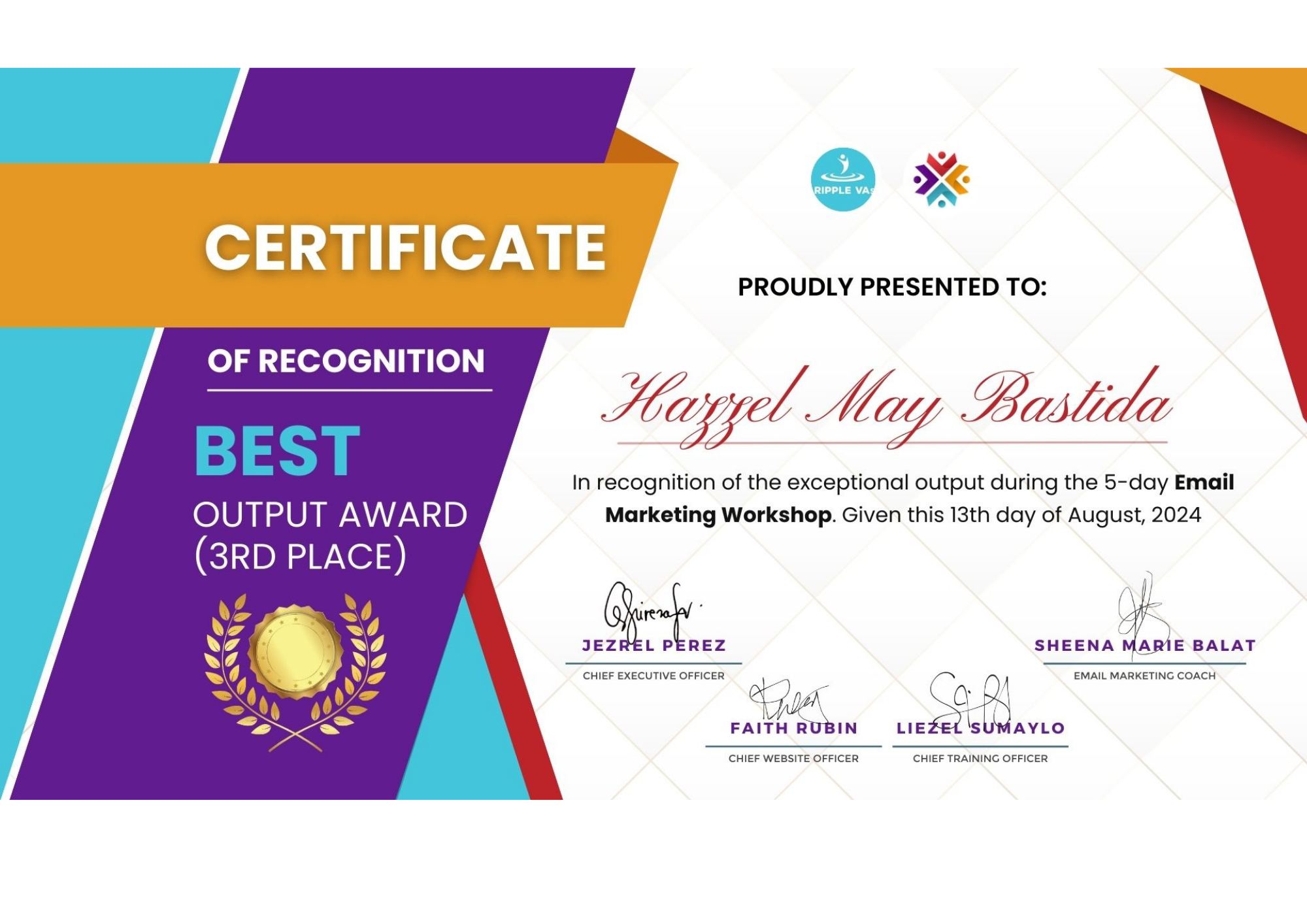 Best Output Award · 3rd place certificate