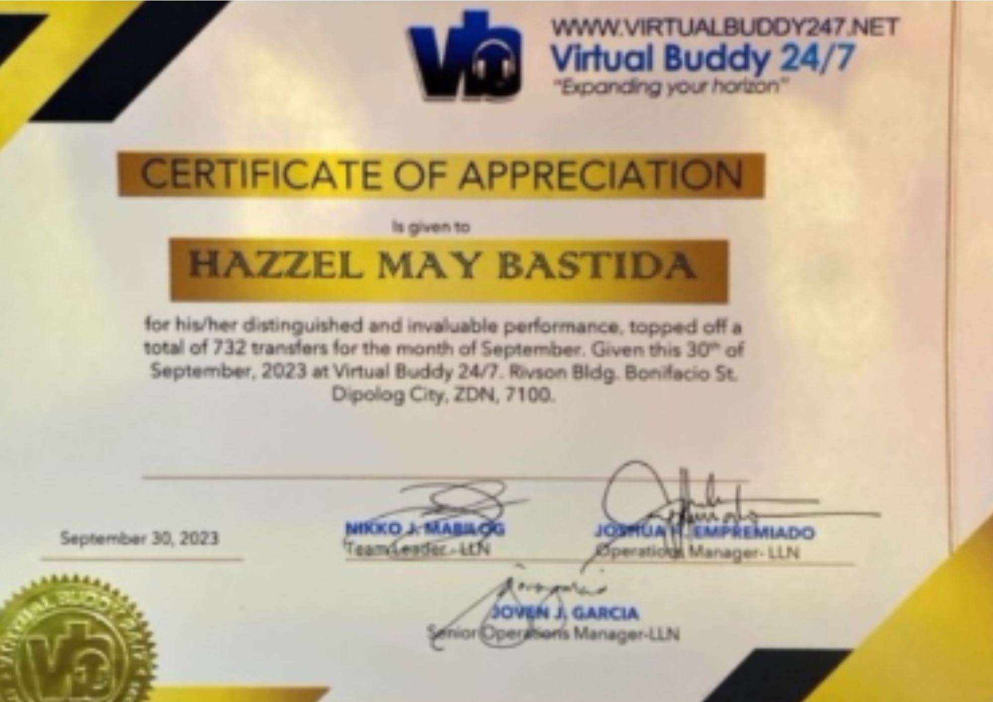 Certificate of Appreciation certificate