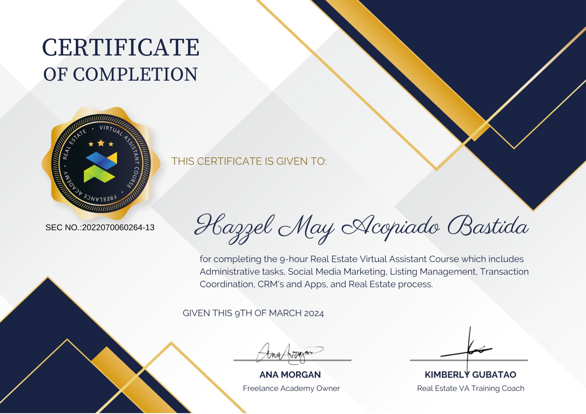 Real Estate Operations (9 hrs) certificate