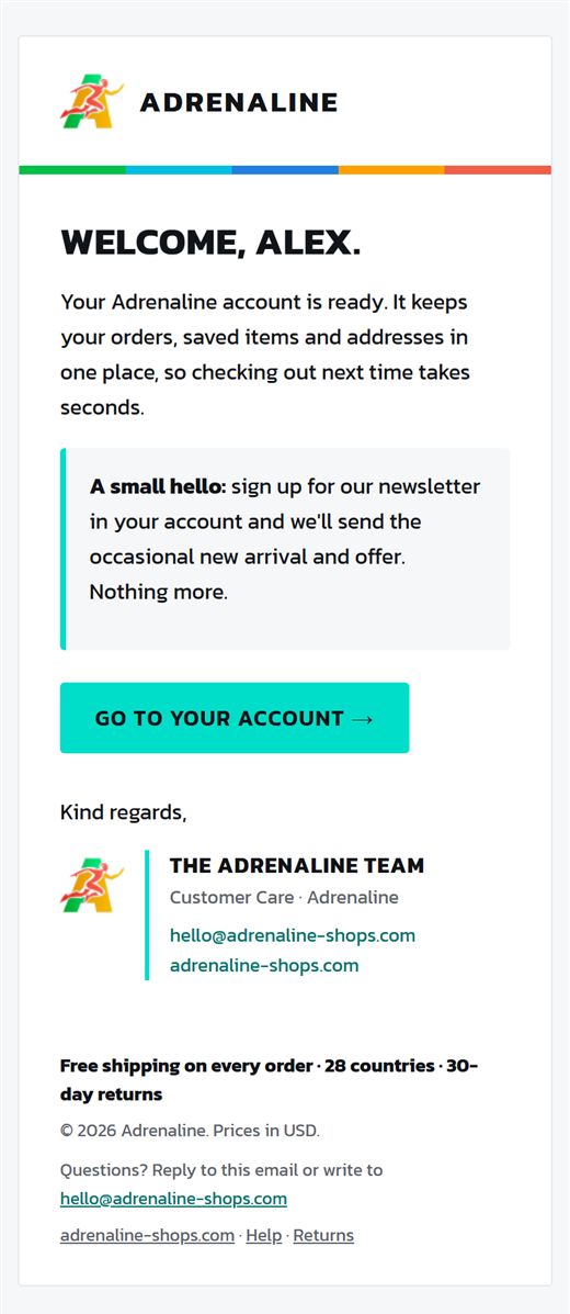 Adrenaline welcome email