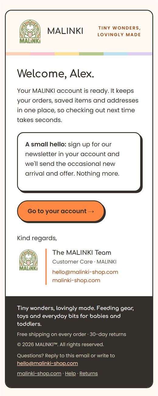 MALINKI welcome email