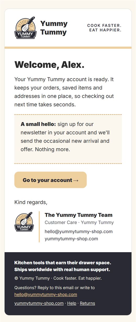 Yummy Tummy welcome email